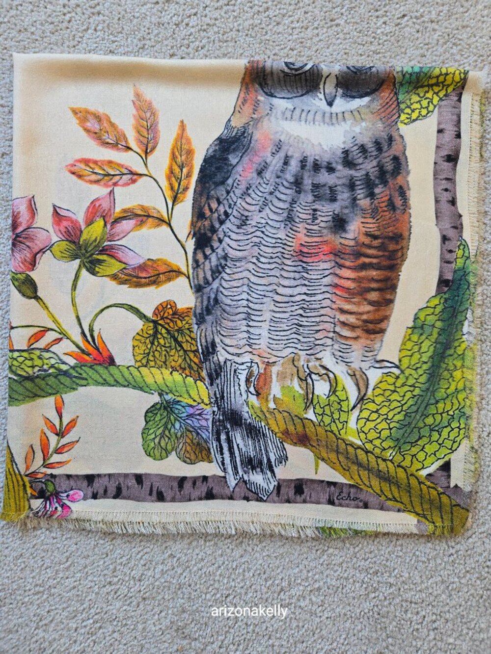 NWOT Echo Wool & Silk Large Square Scarf Owls Hoot Bird - Picture 9 of 9